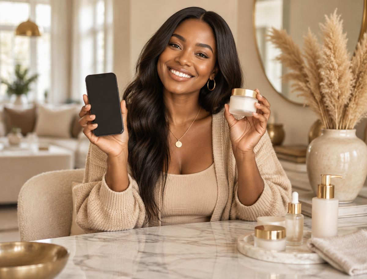 Beauty advisor holding a phone and a skincare jar