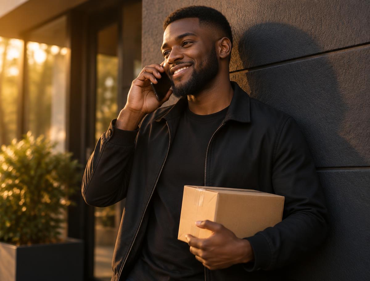 Man on a call holding a delivery parcel