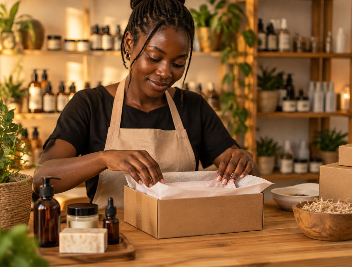 Black woman wrapping a beauty order in tissue paper