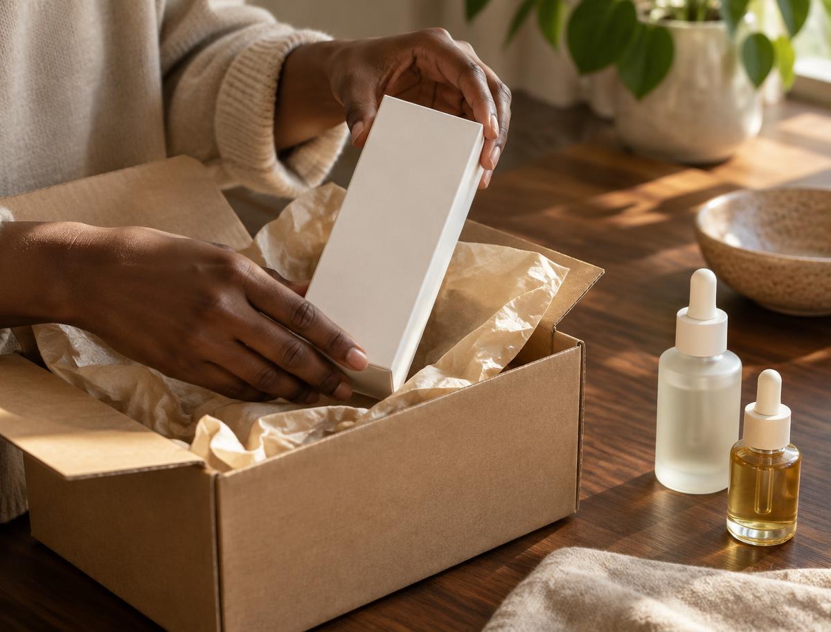 Hands unpacking a sealed skincare product from a parcel